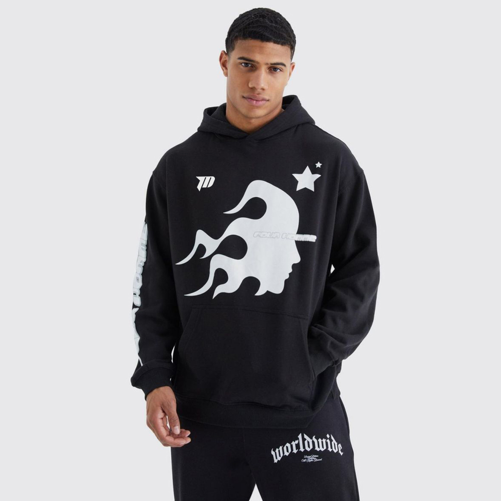 Green Men’s Oversize/Wide-Cut Hoodie, Puffy Back Printed Fleece Interior Cotton